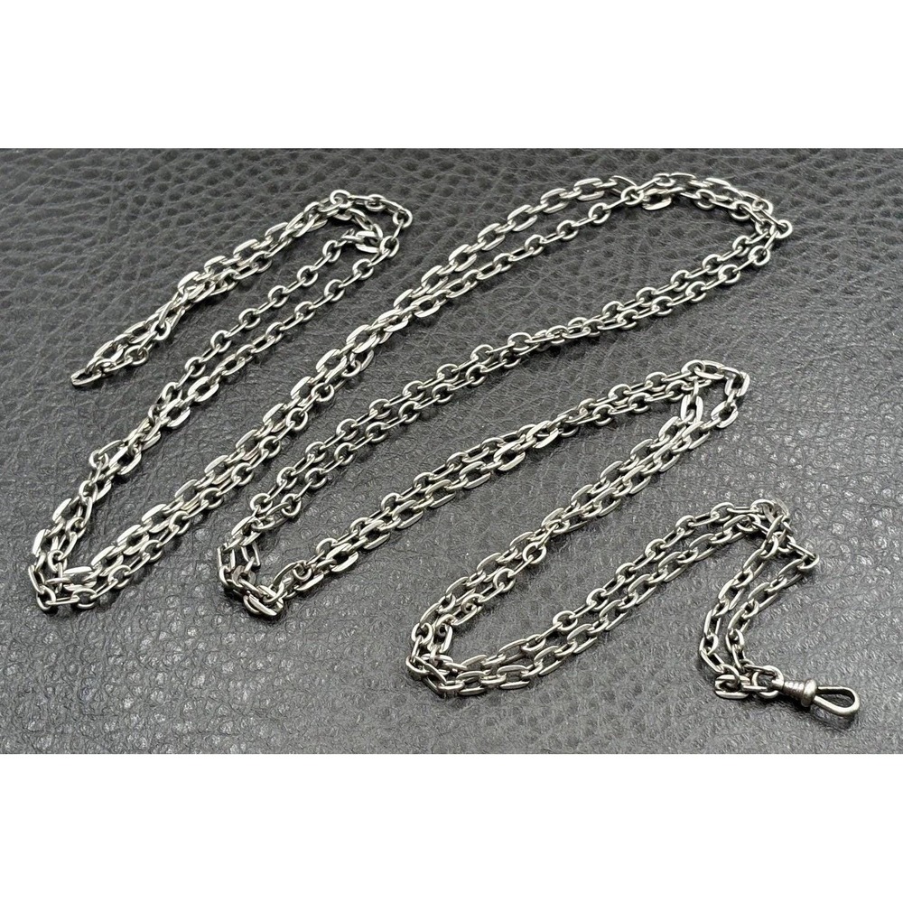 Antique Sterling Silver Long Cable Link Watch Chain Necklace Dog Clip 60"